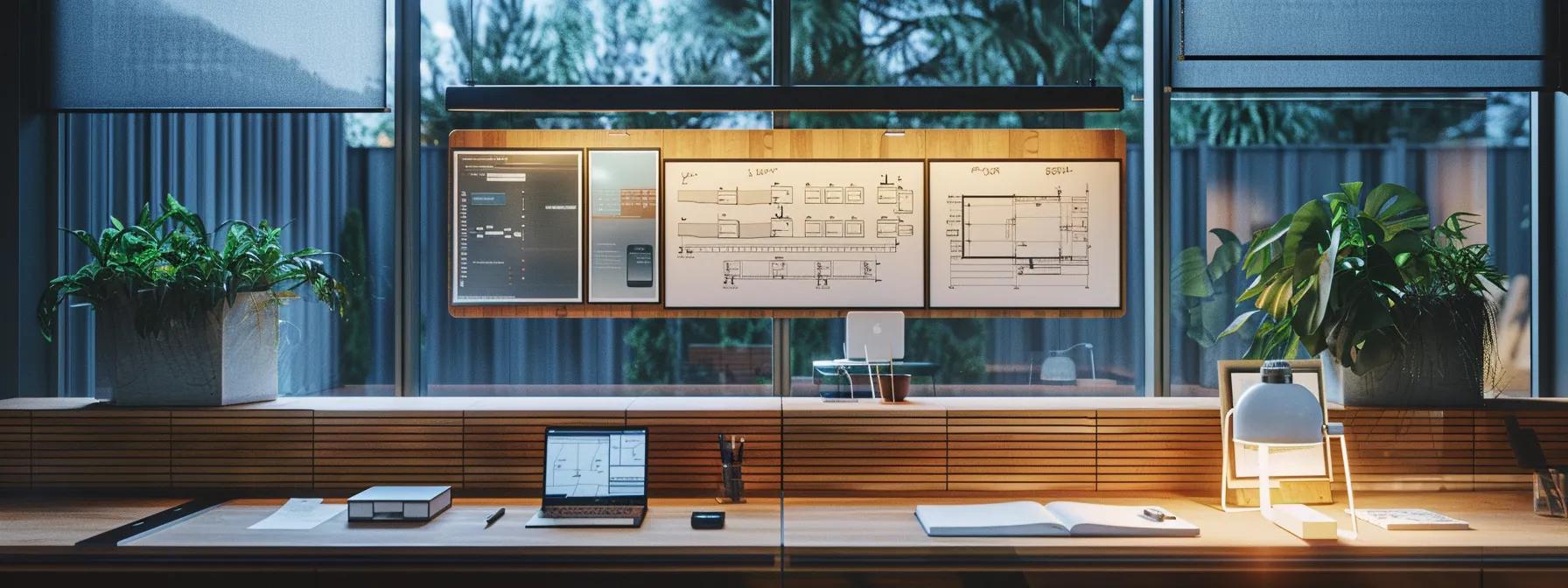 a modern, well-organized office environment showcases an elegant presentation board filled with a detailed, colorful planning table for residential fencing installation, emphasizing meticulous budgeting, permits, and hardware selection against a backdrop of clean lines and professional lighting.