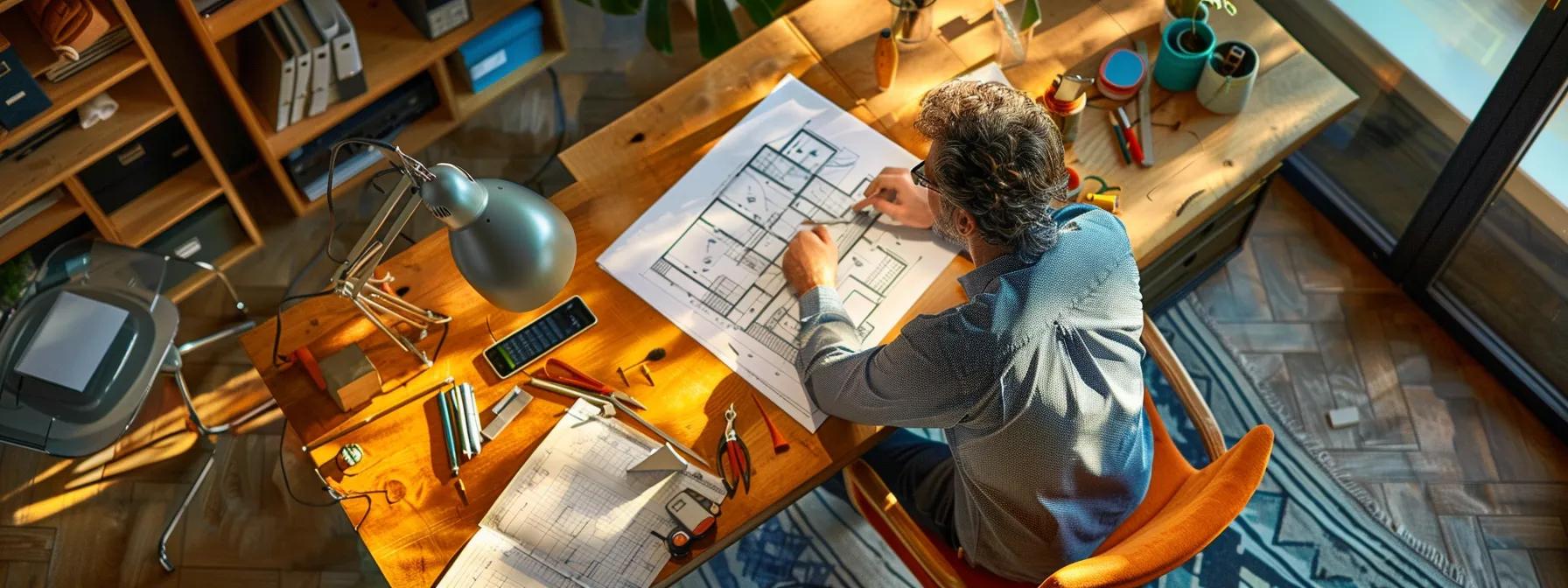 a focused interior scene showcases a homeowner at a sleek, modern desk surrounded by detailed blueprints and tools, meticulously planning a residential fence installation amidst a backdrop of organized materials and a digital tablet displaying property measurements.