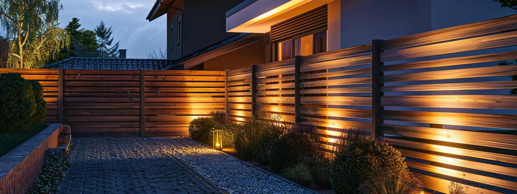 a modern home exterior showcases two distinct sections of residential fencing, one being a neatly installed professional fence and the other a creatively assembled diy fence, each highlighting unique design styles under warm artificial lighting.
