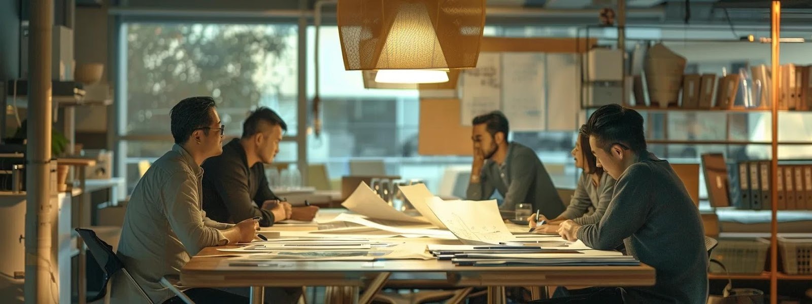 a focused view of a modern office meeting room, where a diverse group of professionals is engaged in a dynamic discussion around a large table, with documents and blueprints of fencing designs spread out, symbolizing the evaluation process of local fence installation services.