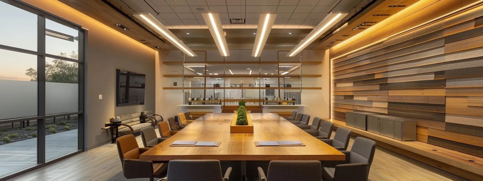 a sleek, modern office conference room features a large table surrounded by samples of various fencing materials like wood, vinyl, and metal, illuminated by bright overhead lights, as a diverse group of homeowners intently discusses their options for the perfect fence design.
