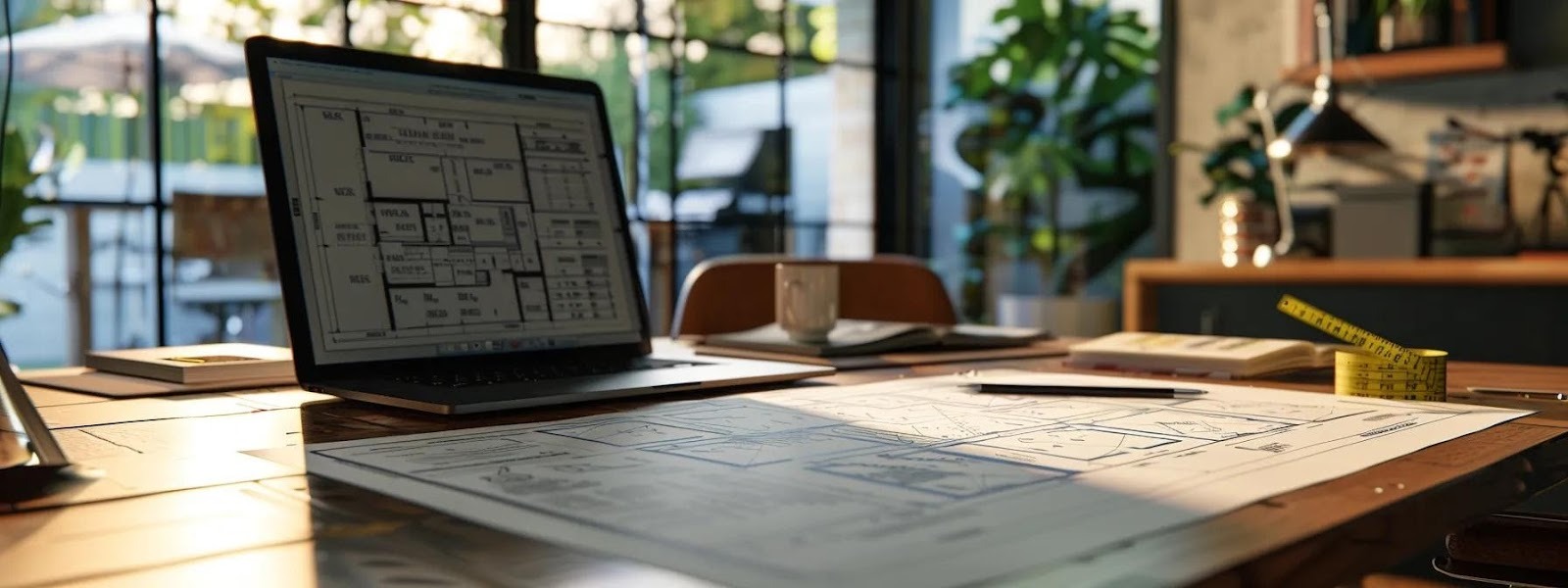 a detailed view of a modern office space featuring a large blueprint of fencing regulations displayed prominently on a stylish desk, with a measuring tape and a laptop nearby, emphasizing the importance of understanding property lines and local fencing rules before installation.