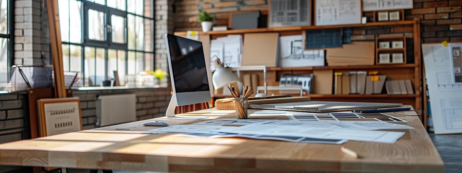 a sleek, modern office space is filled with detailed blueprints and samples of various fencing materials, showcasing steel, wrought iron, and timber options, as a focused homeowner discusses their specific fencing requirements with a knowledgeable consultant.