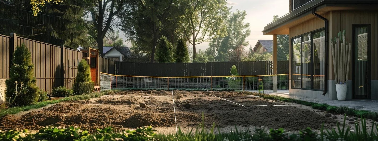 a meticulously organized yard with all obstacles removed, featuring marked areas for fence installation, set against a backdrop of a modern suburban home, showcasing an atmosphere of readiness and efficiency.