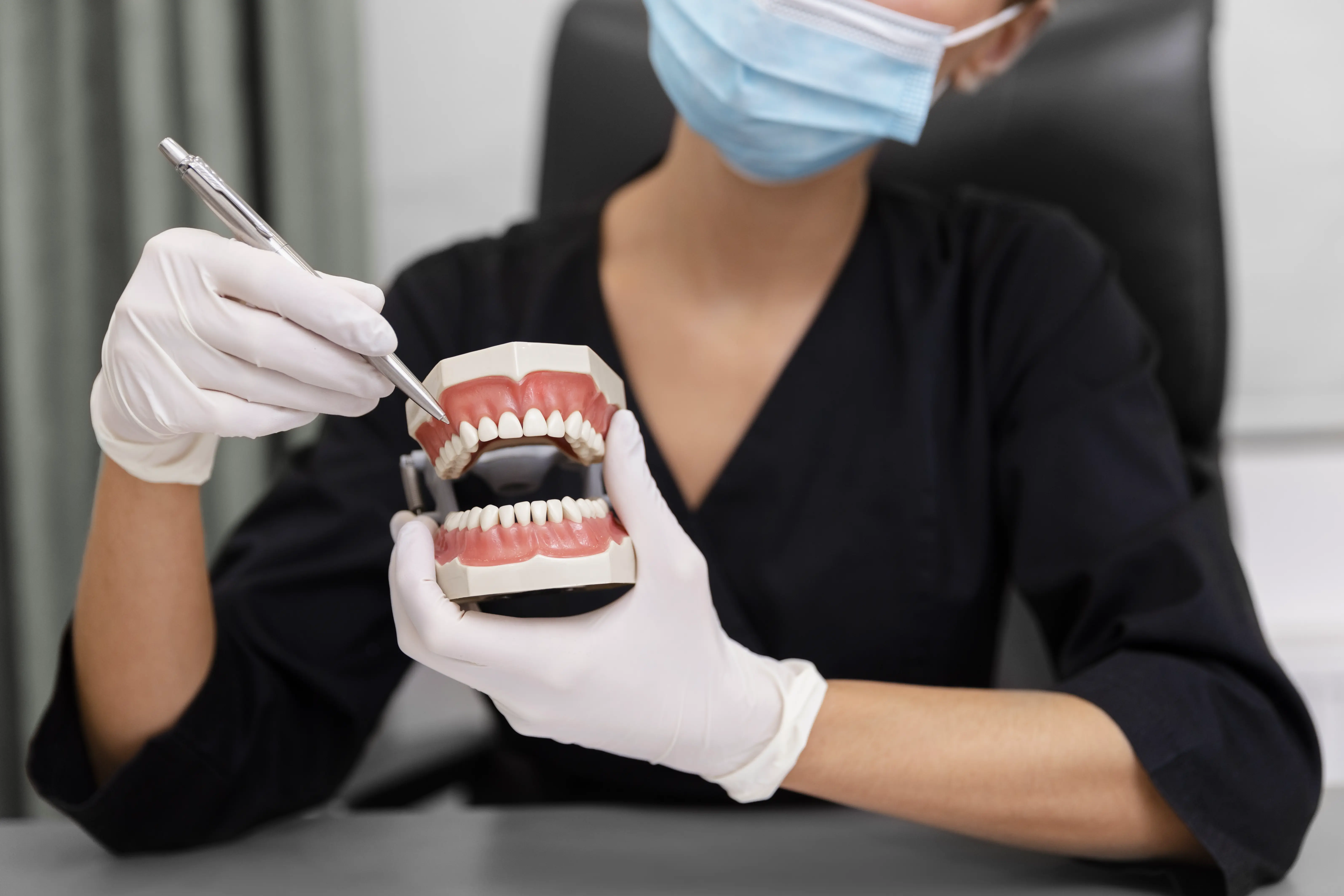 Dentist wearing gloves and a mask holding a dental model and pointing at teeth with a pen.