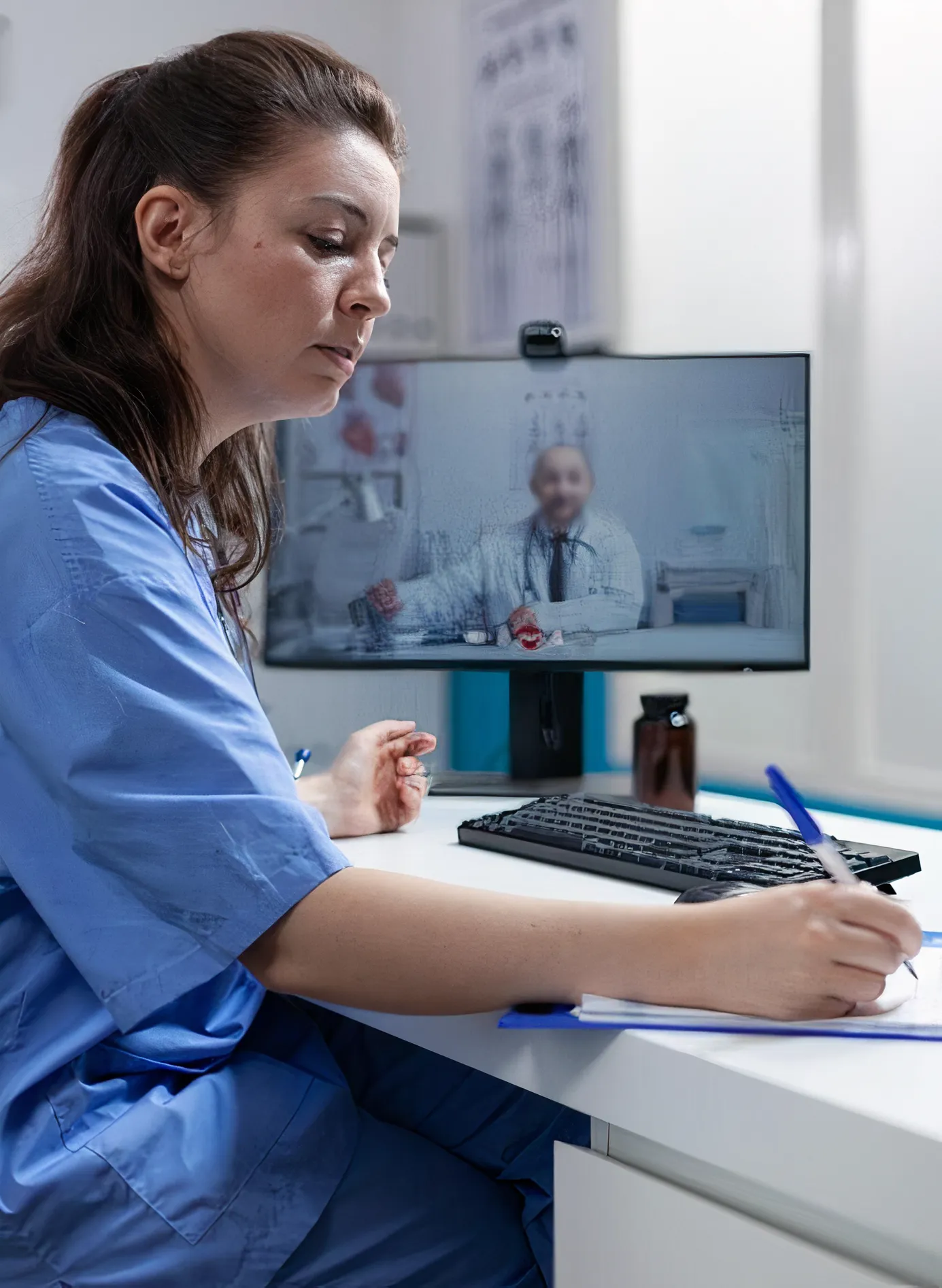 Female healthcare professional in blue scrubs writing on a clipboard during a video consultation with a male doctor displayed on a computer screen.