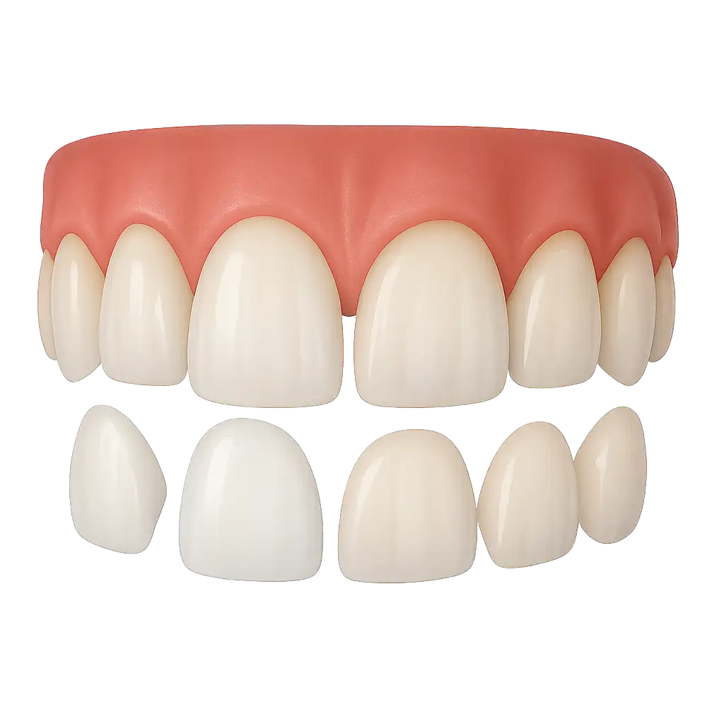 Dental veneers displayed on upper and lower teeth with some veneers detached to show placement.