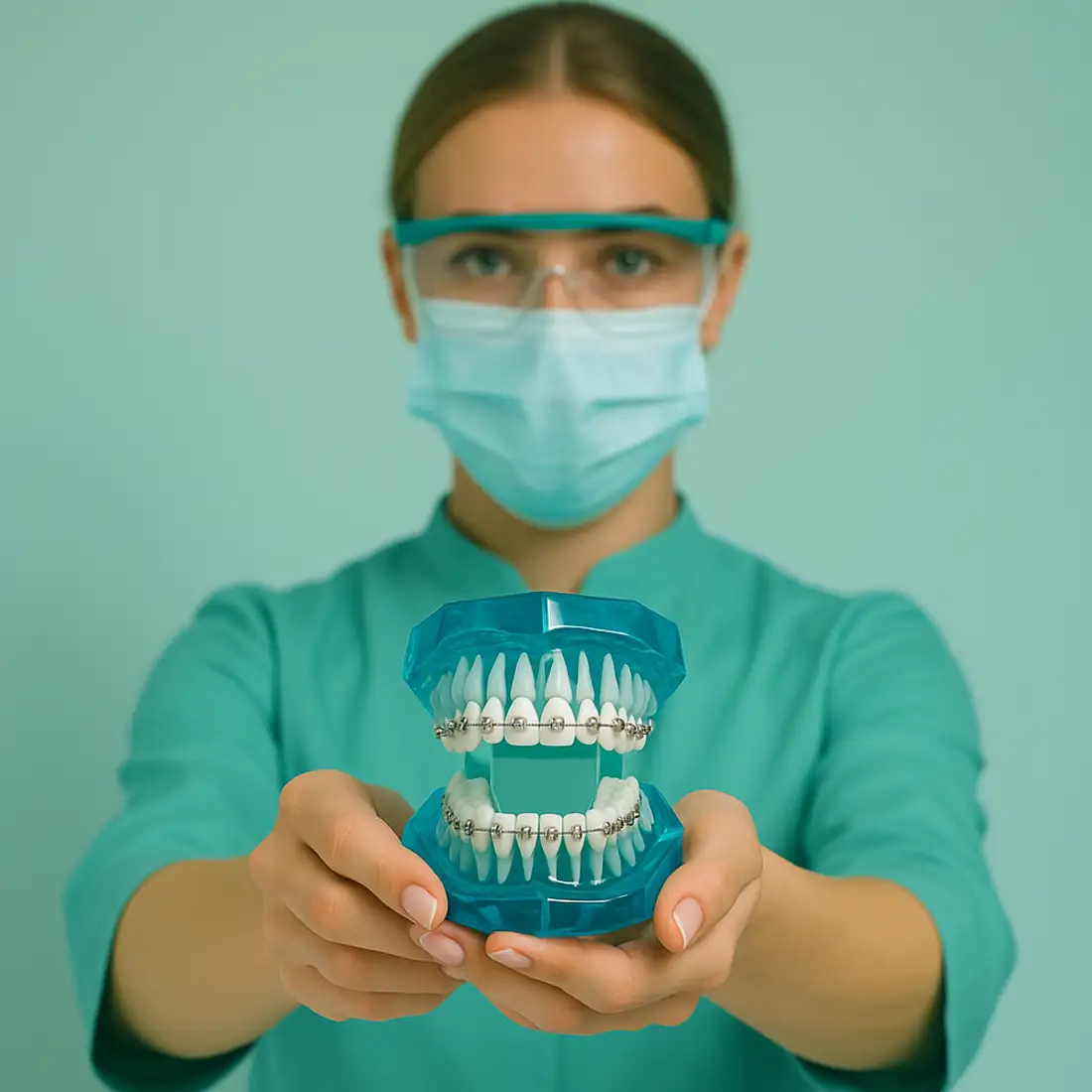 Dental professional wearing protective glasses and mask holding a dental model with braces.