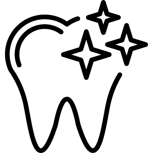Outline of a tooth with three sparkling stars symbolising cleanliness.