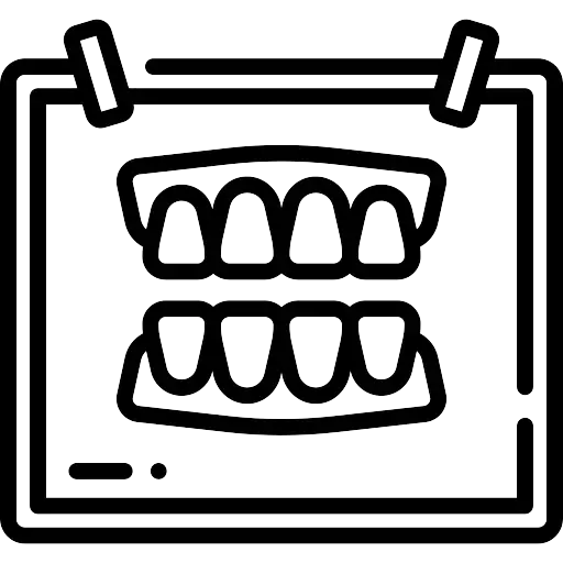 Black and white line icon of a dental X-ray showing upper and lower teeth on a hanging frame.