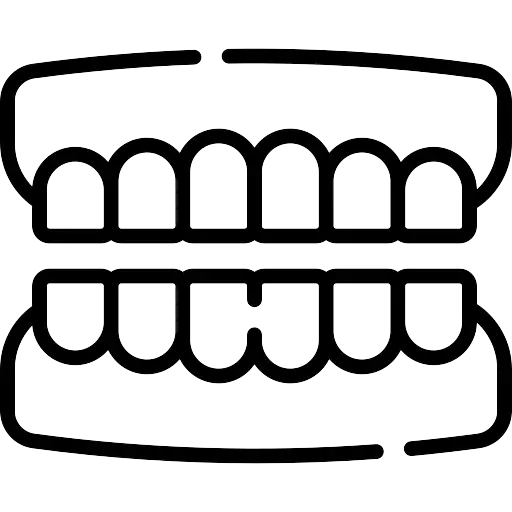 Black line icon of a full set of dentures with upper and lower teeth arches.