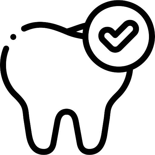 Outline of a tooth with a checkmark in a circle indicating dental health or approval.