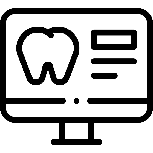 Computer monitor displaying a tooth icon and text lines, symbolising dental technology.