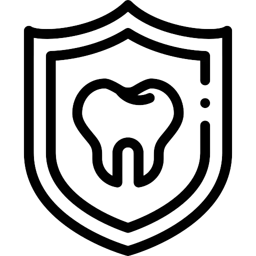 Outline of a tooth inside two overlapping shield shapes symbolizing dental protection or dental insurance.