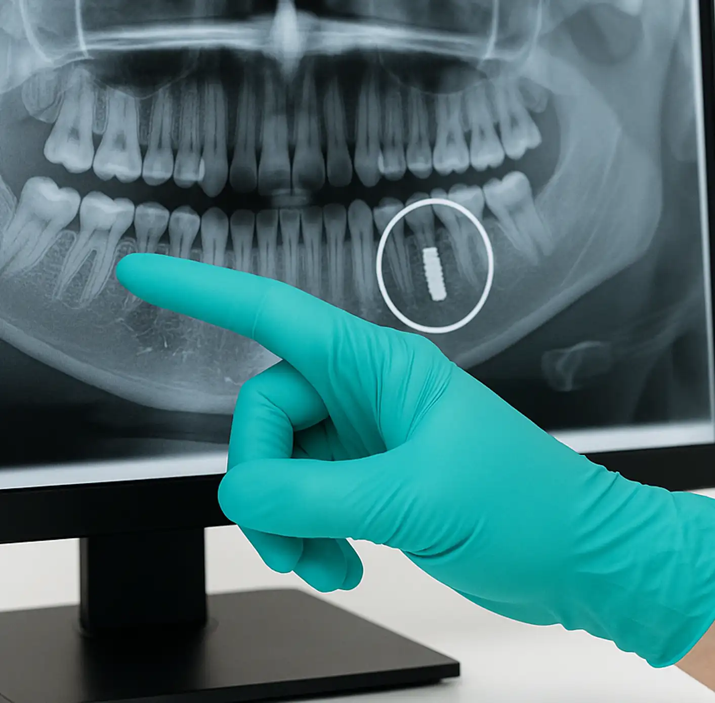 Gloved hand pointing to a dental X-ray on a monitor, highlighting a circled area with a dental implant on the lower jaw.