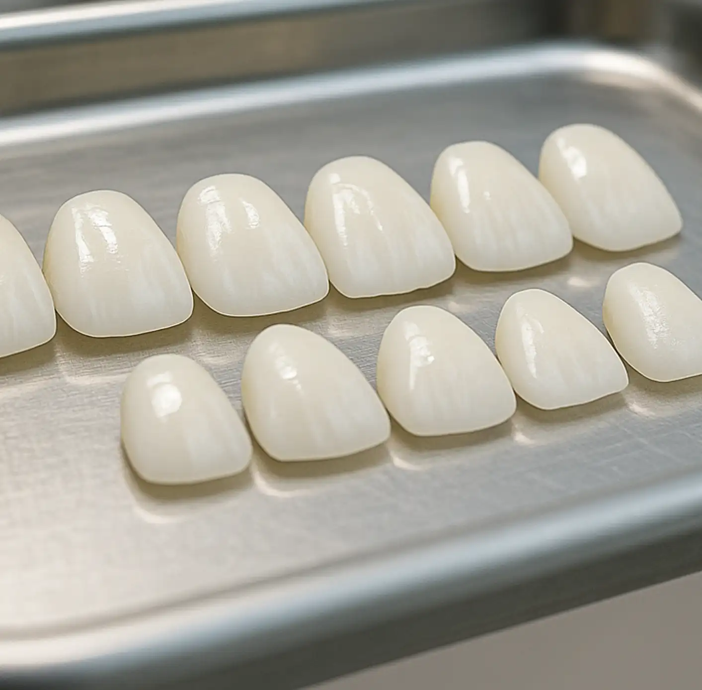 Set of white dental veneers arranged in two rows on a metal tray.