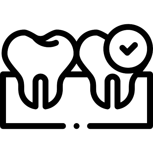 Outline of two molar teeth with a checkmark symbol, representing dental health or approval.