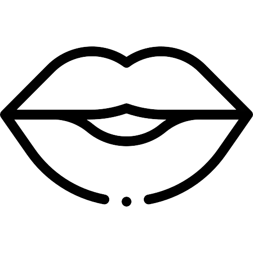 Black outline of lips with a small dot representing a smile.