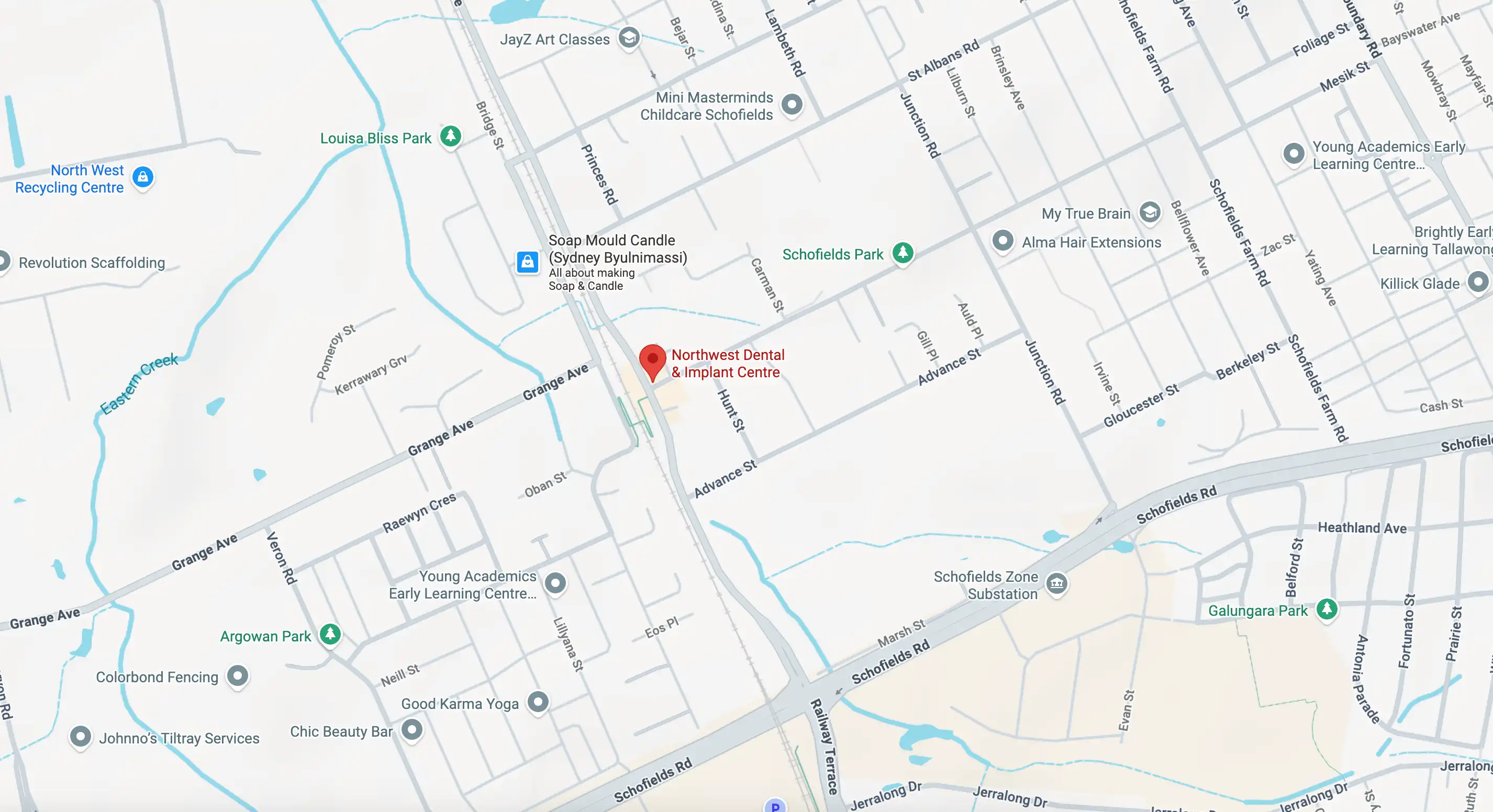 A map of the local Schofields area displaying a red pin where Northwest Dental and Implant Centre is located.