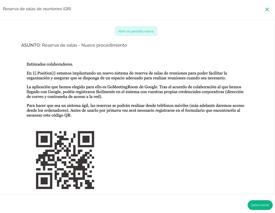 Email about new room reservation system using Google GoMeetingRoom with QR code for mobile registration.