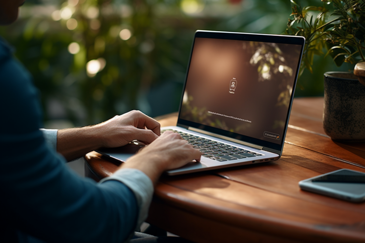 Person typing on a laptop at a wooden table with plants blurred in the background.