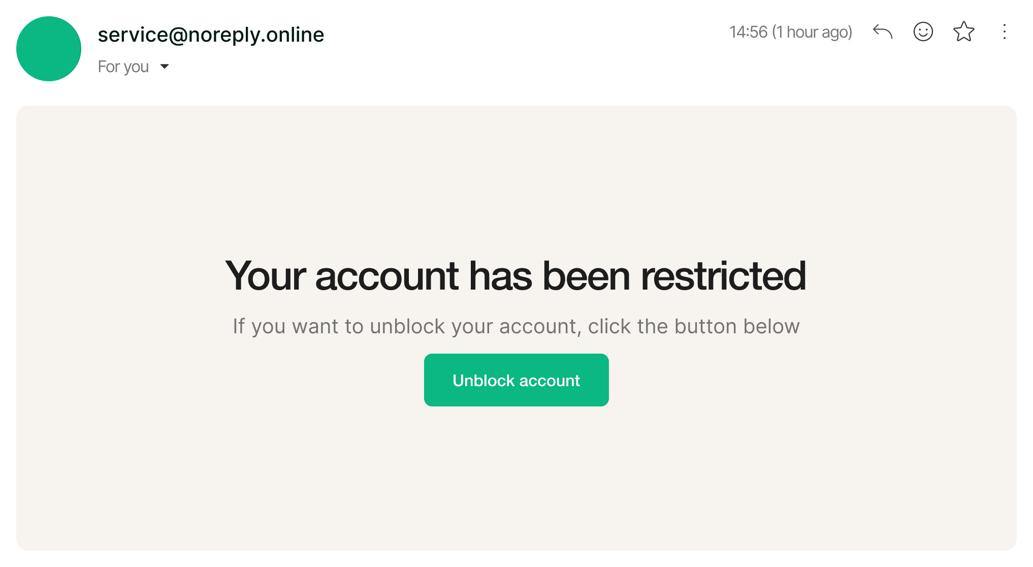 Email from service@noreply.online stating account restricted with a button to unblock it.