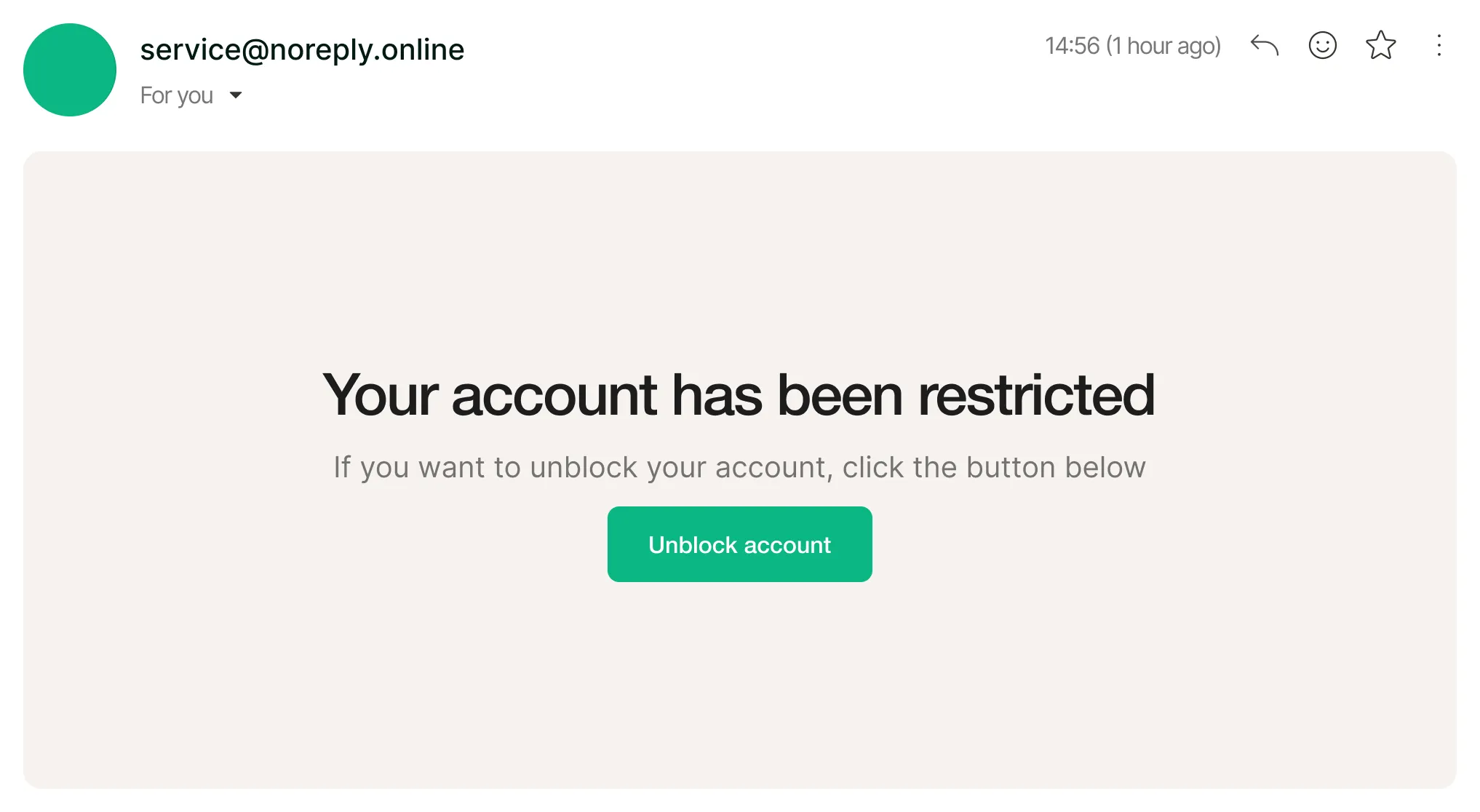 Email from service@noreply.online stating account restricted with a button to unblock it.