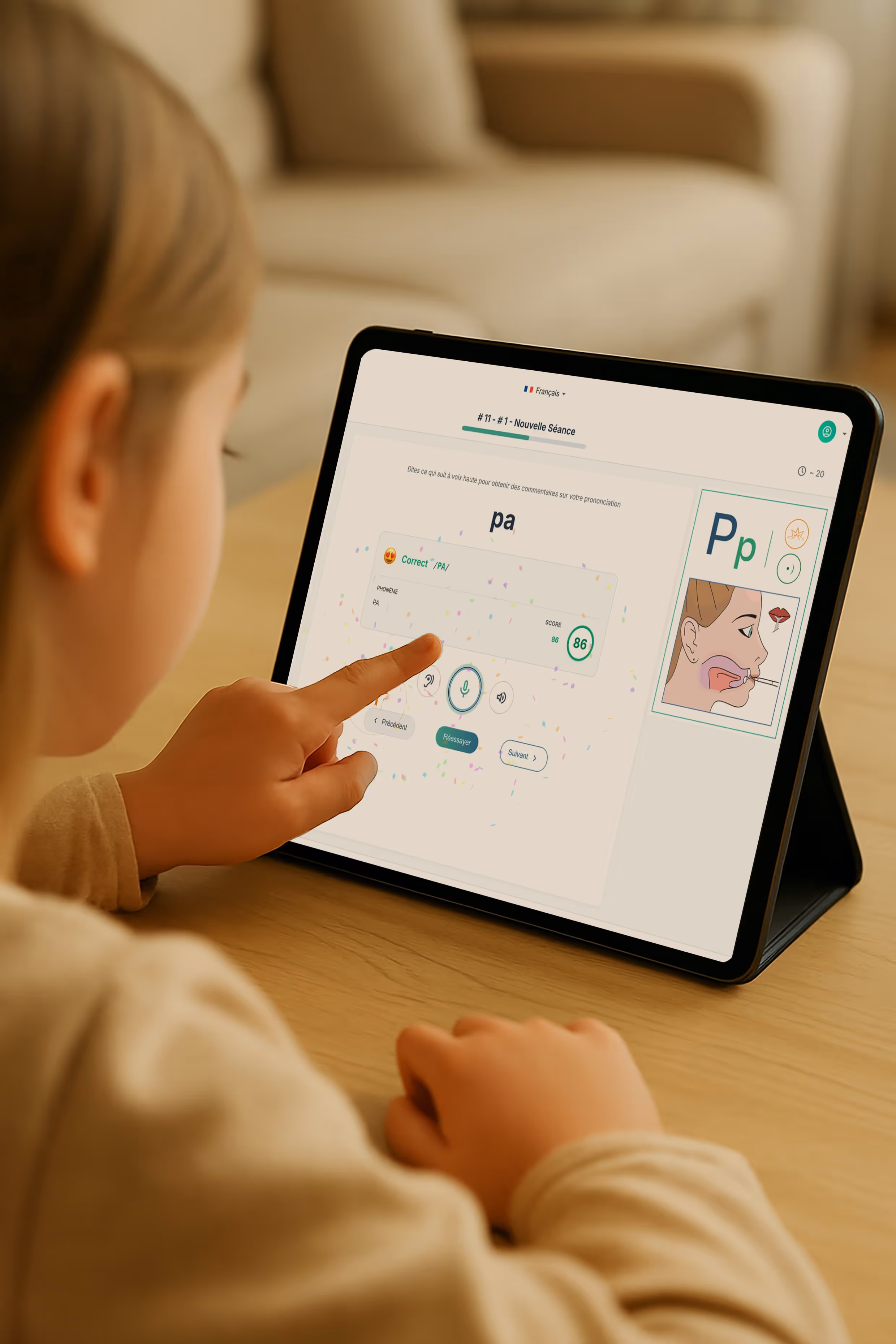 A child working with the Baumann App on a tablet