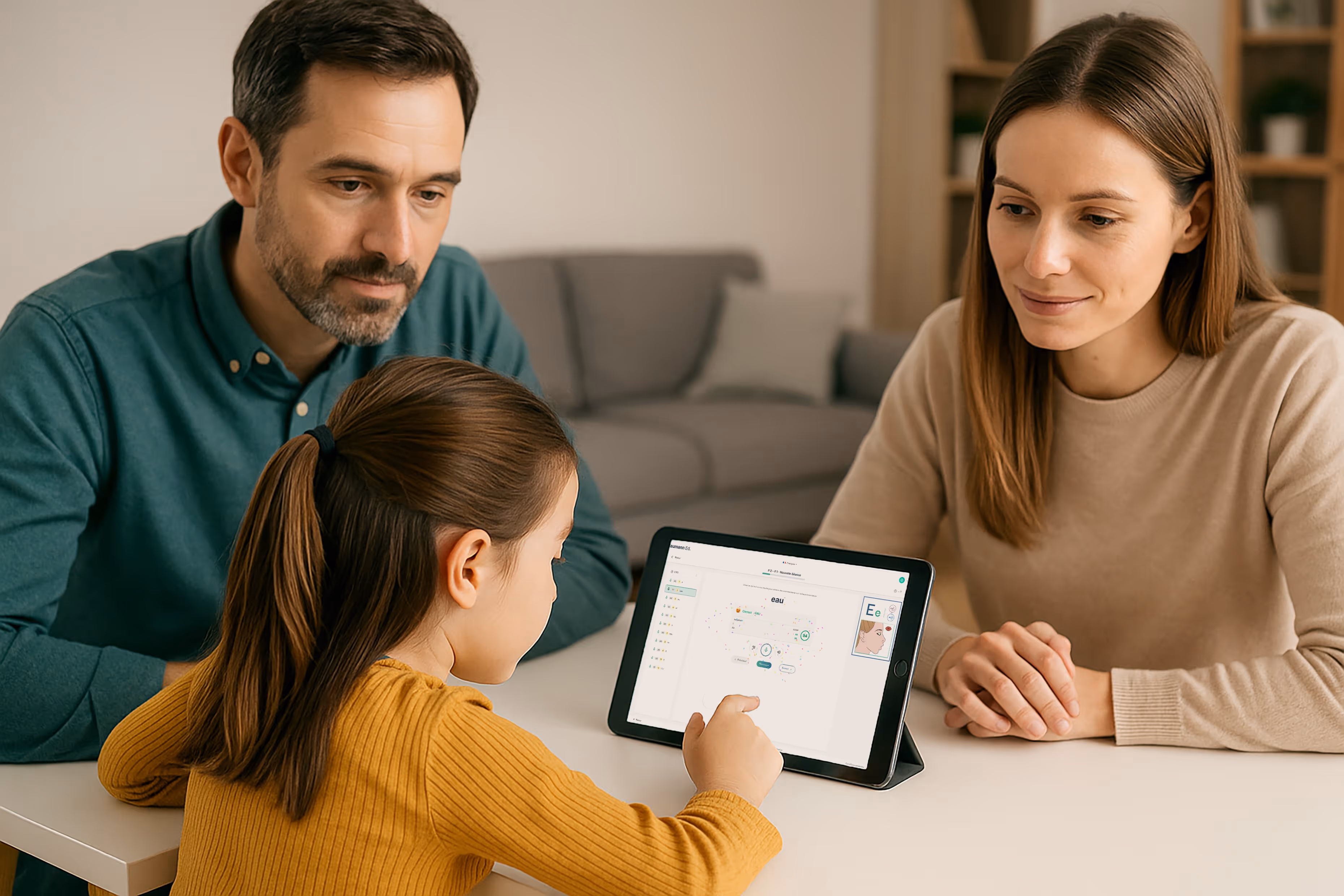 Un enfant avec ses parents à la maison fait des exercices de lecture avec le logiciel Baumann