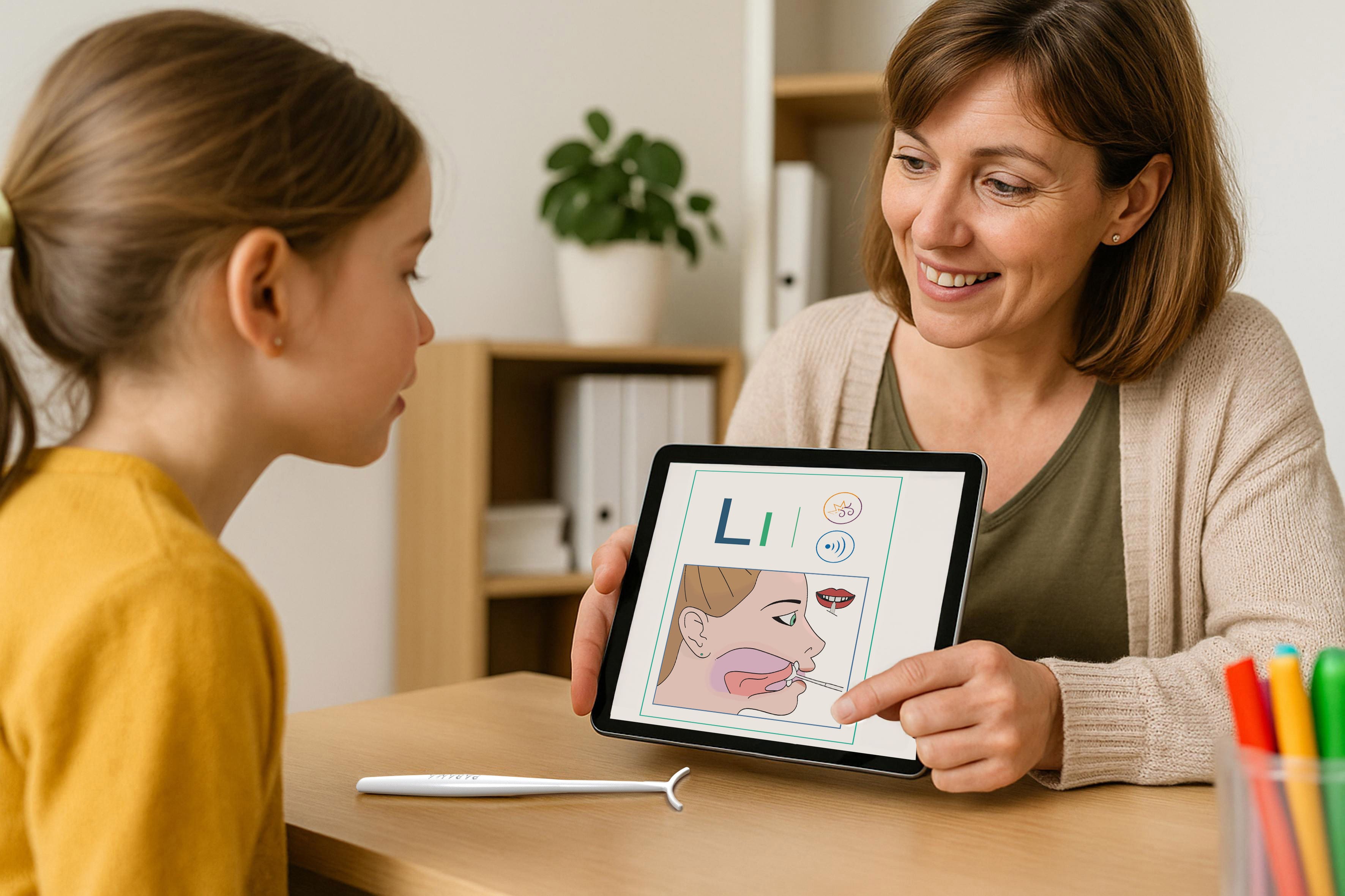 A photo of an orthophoniste helping a child using the Baumann app
