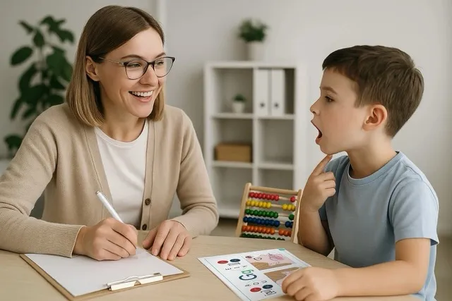 An orthophoniste helping a child
