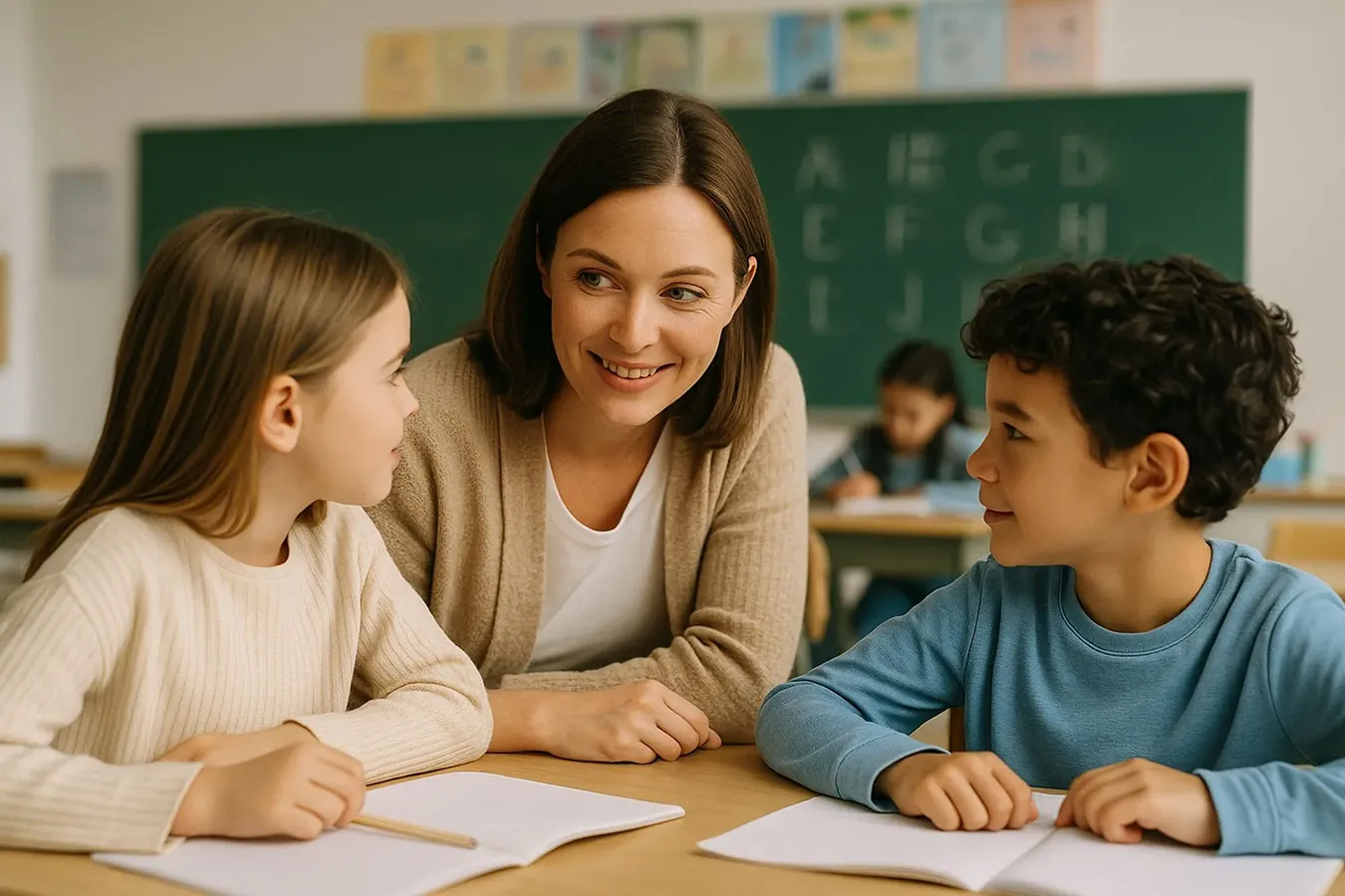 enseignante avec deux enfants dans une salle de classe