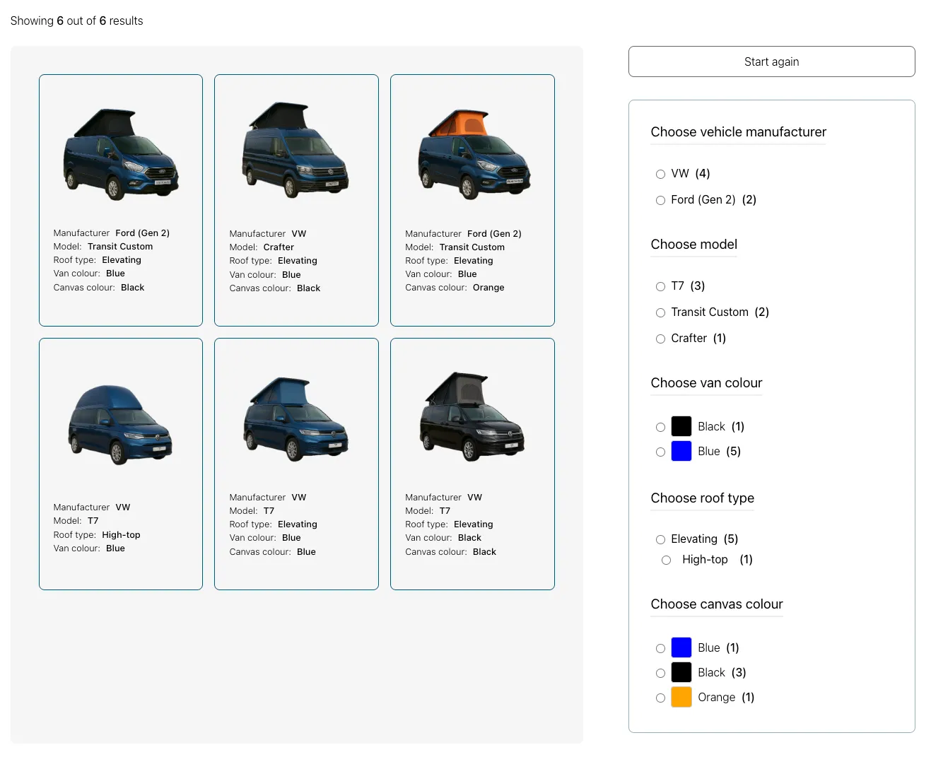 Six camper vans shown with details on manufacturer, model, roof type, van and canvas colors.