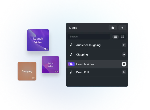Interface showing a media panel with audio clips like Audience laughing, Clapping, Launch video playing, and Drum Roll, alongside three colored blocks labeled Clapping, Intro video, and Launch Video.