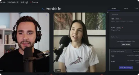 Two people in a virtual podcast recording setup, a man and a woman speaking into microphones.