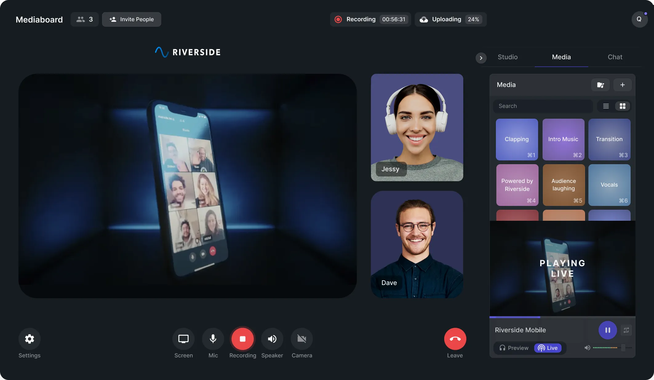 Video call interface showing two smiling participants, media controls, and a live stream preview of a phone with a group video chat.