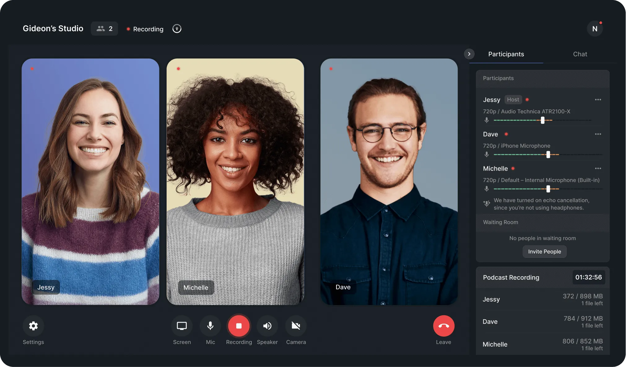 Video call screen showing three participants named Jessy, Michelle, and Dave, all smiling; interface shows recording is active and participant audio levels.