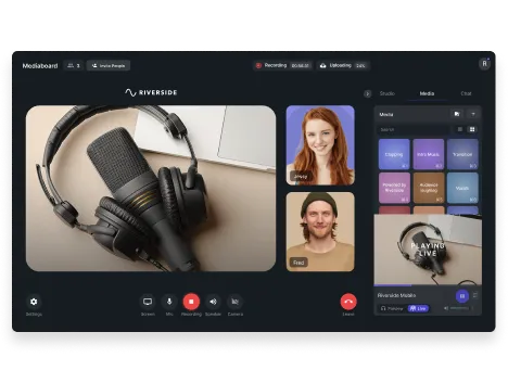 Riverside live streaming interface showing a microphone with headphones, video thumbnails of two participants, and media selection panel.