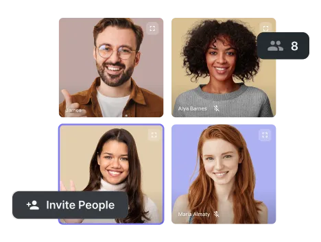 Video call screen showing four diverse people smiling and waving, with participant count as 8 and an invite people button.