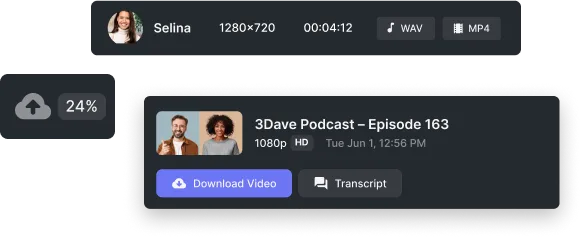 User Selina's audio and video file details with 1280 by 720 resolution and 4 minutes 12 seconds duration; also podcast episode 163 titled 3Dave Podcast with download and transcript options.