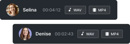 Two audio message interfaces with profile pictures, names Selina and Denise, durations 4:12 and 2:43, and buttons for WAV and MP4 formats.