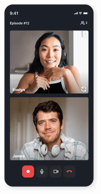 Smartphone screen showing a video call between a woman named Evelyn wearing headphones and a man named James with headphones around his neck.