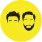 Black minimalist line art of two male faces with different hairstyles and facial hair on a yellow background.
