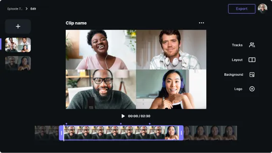 Video editing interface showing a grid of four people in a video call and a timeline with video clips below.