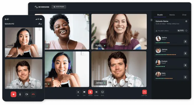 Video conferencing interface showing six participants smiling, with a mobile phone view on the left and participant list on the right.