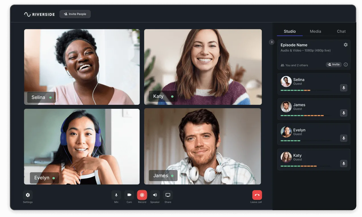 Video call interface showing four participants named Selina, Katy, Evelyn, and James, with user controls for mic, camera, recording, speaker, sharing, and leaving call.
