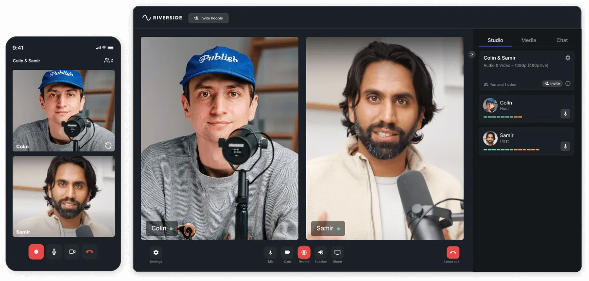 Screen showing a video call interface with two hosts, Colin wearing a blue cap and gray sweater, and Samir with dark hair and beard, both speaking into microphones.