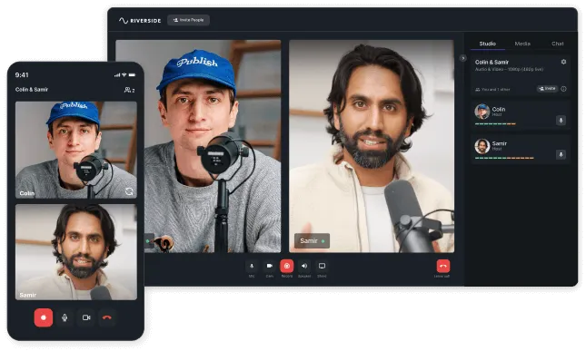 Screenshot of a video call interface showing two men, one wearing a blue cap and sweater speaking into a microphone, and the other with dark hair and a beard also speaking into a microphone, visible on both desktop and mobile screens.