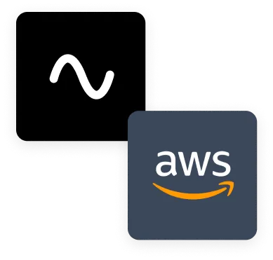 Two overlapping square icons with rounded corners; the top left icon has a white tilde symbol on a black background, and the bottom right icon shows the AWS logo with white text and an orange curved arrow on a dark gray background.