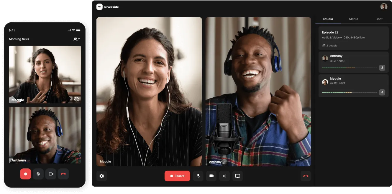 Video call interface showing two people, Maggie and Anthony, smiling and engaging during a recording session visible on a smartphone and desktop screen.